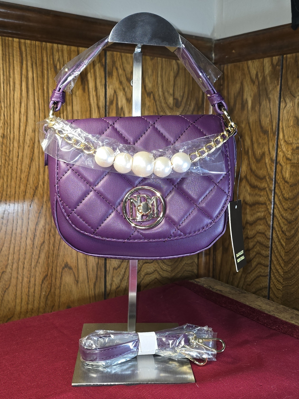 Badgley Mischka Quilted Pearl-Accent Crossbody Bag